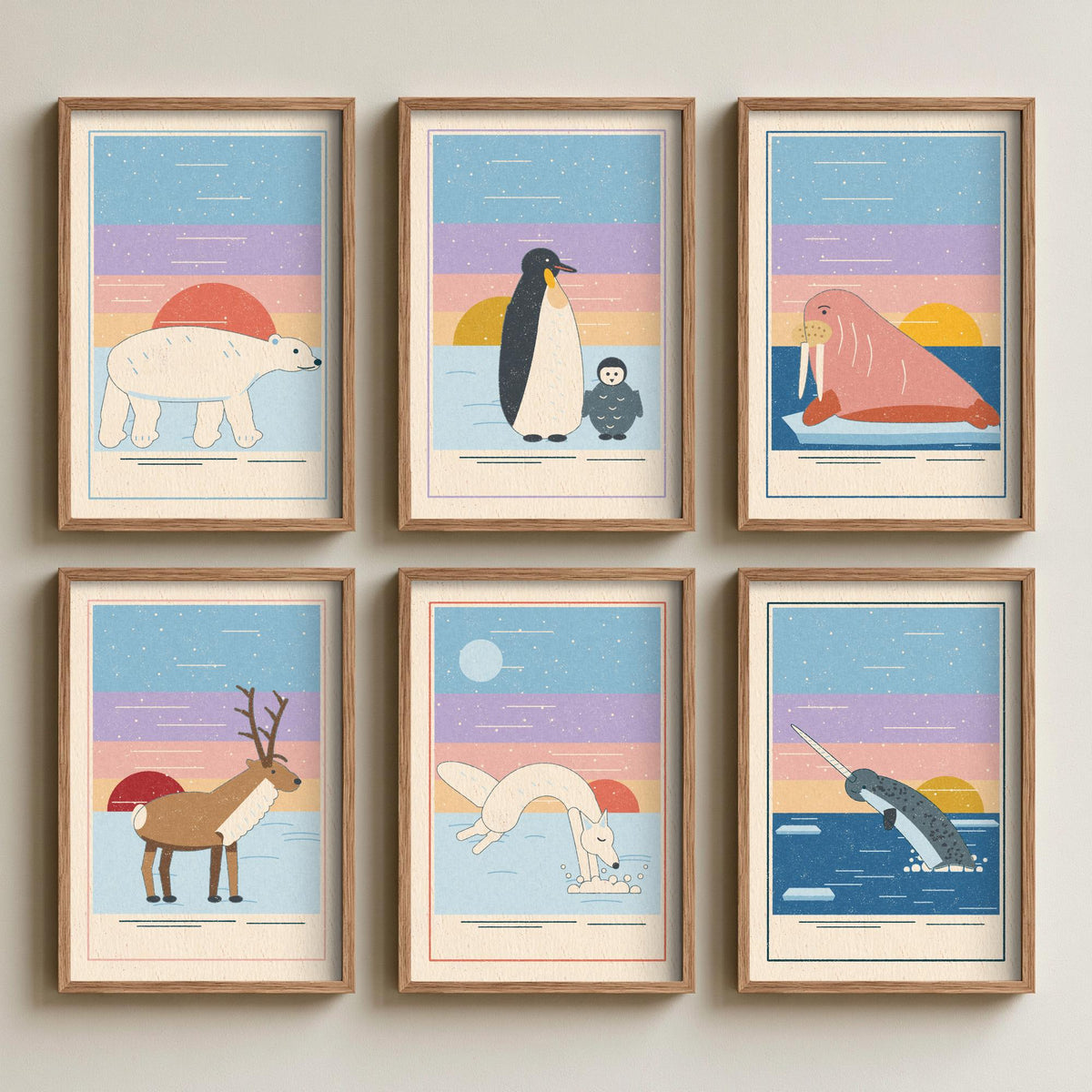 Set of Six Polar Animal Art Prints - 6 Linocut Illustration Posters - Polar Bear, Penguin, Walrus, Reindeer, Arctic Fox, Narwhal