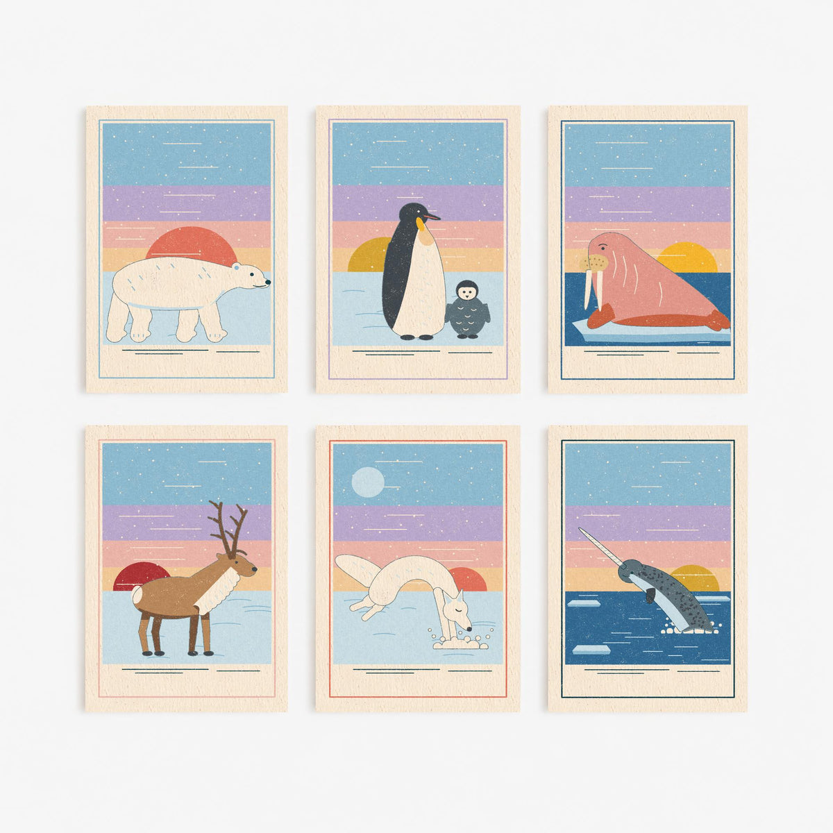 Set of Six Polar Animal Art Prints - 6 Linocut Illustration Posters - Polar Bear, Penguin, Walrus, Reindeer, Arctic Fox, Narwhal
