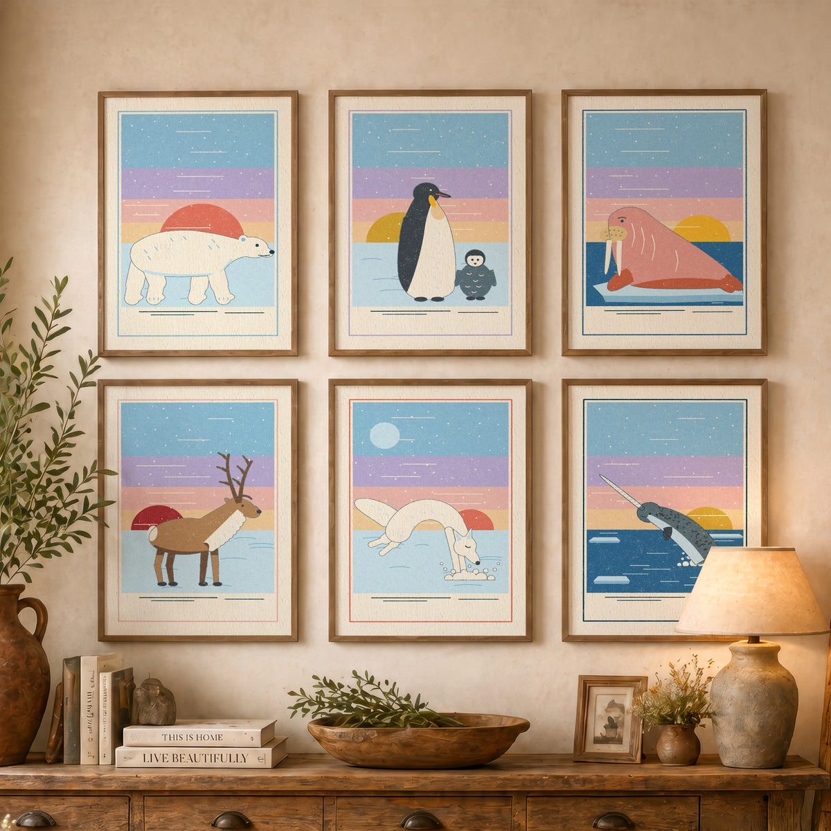 Set of Six Polar Animal Art Prints - 6 Linocut Illustration Posters - Polar Bear, Penguin, Walrus, Reindeer, Arctic Fox, Narwhal