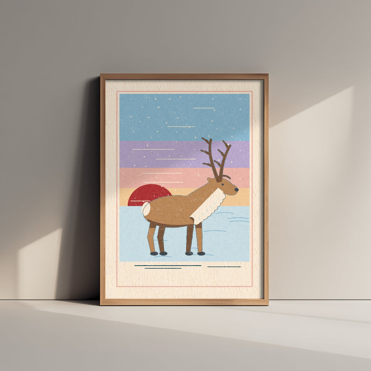 Reindeer Art Print - Snowy Tundra Sunset Poster - Scandi Linocut Style Illustration V2 1/3