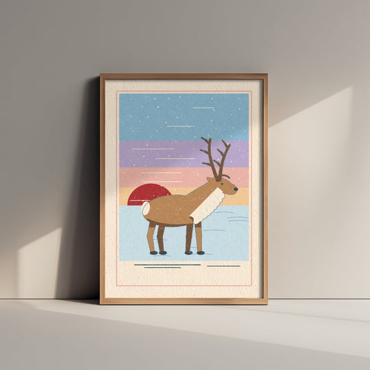 Reindeer Art Print - Snowy Tundra Sunset Poster - Scandi Linocut Style Illustration V2 1/3