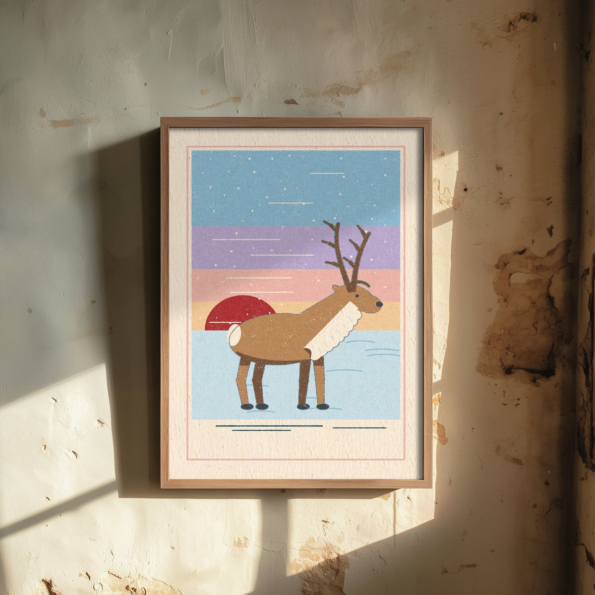 Reindeer Art Print - Snowy Tundra Sunset Poster - Scandi Linocut Style Illustration V2 1/3