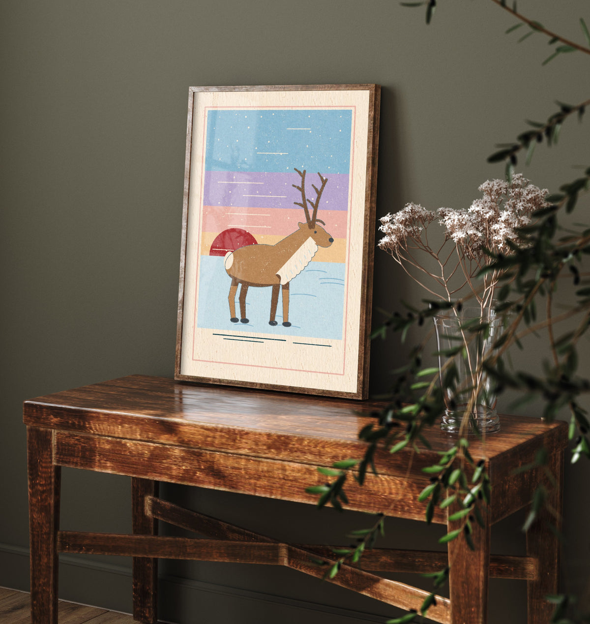Reindeer Art Print - Snowy Tundra Sunset Poster - Scandi Linocut Style Illustration V2 1/3