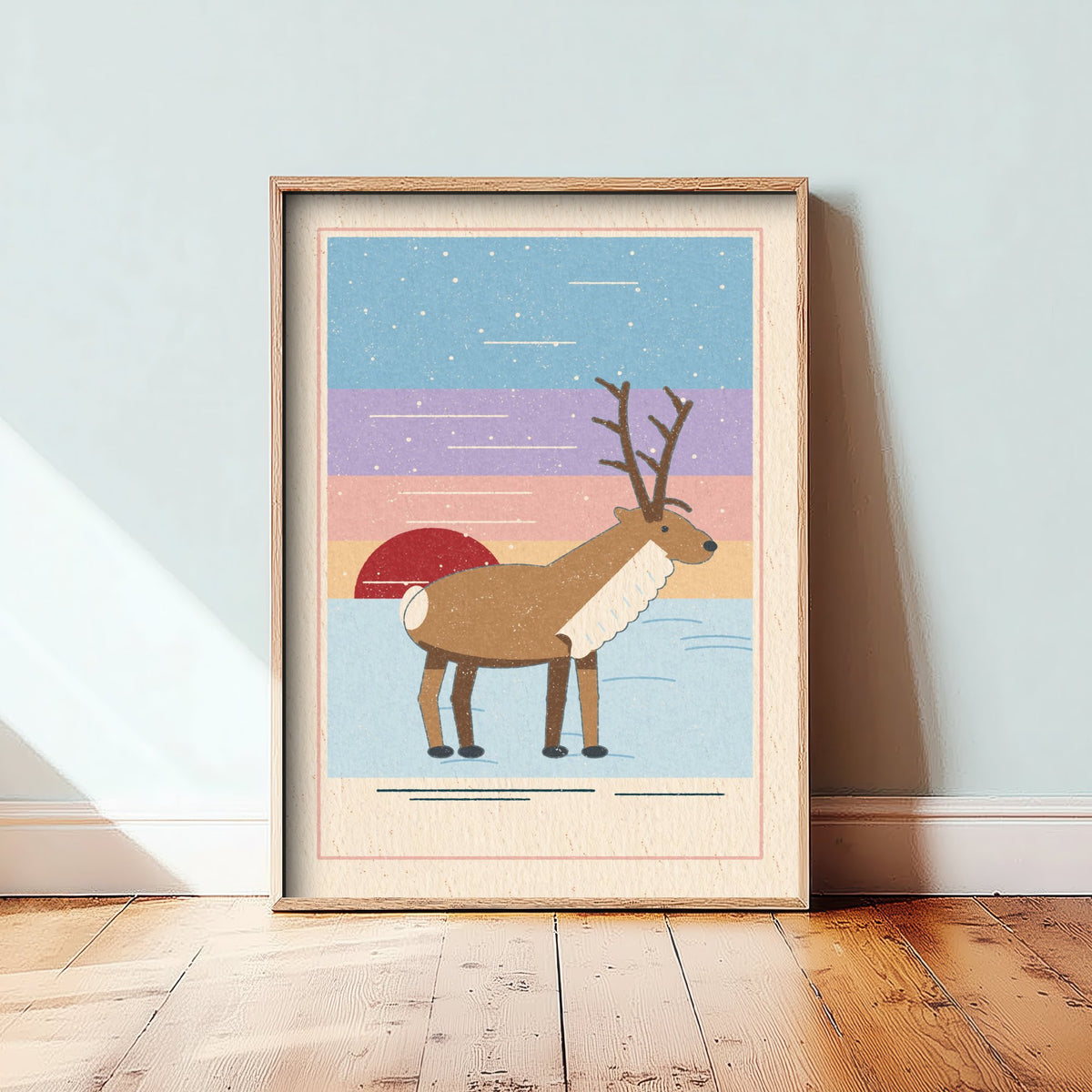 Reindeer Art Print - Snowy Tundra Sunset Poster - Scandi Linocut Style Illustration V2 1/3
