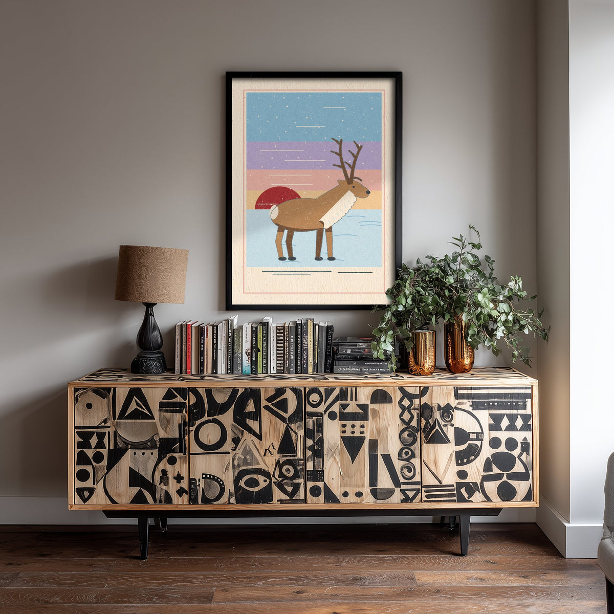 Reindeer Art Print - Snowy Tundra Sunset Poster - Scandi Linocut Style Illustration V2 1/3