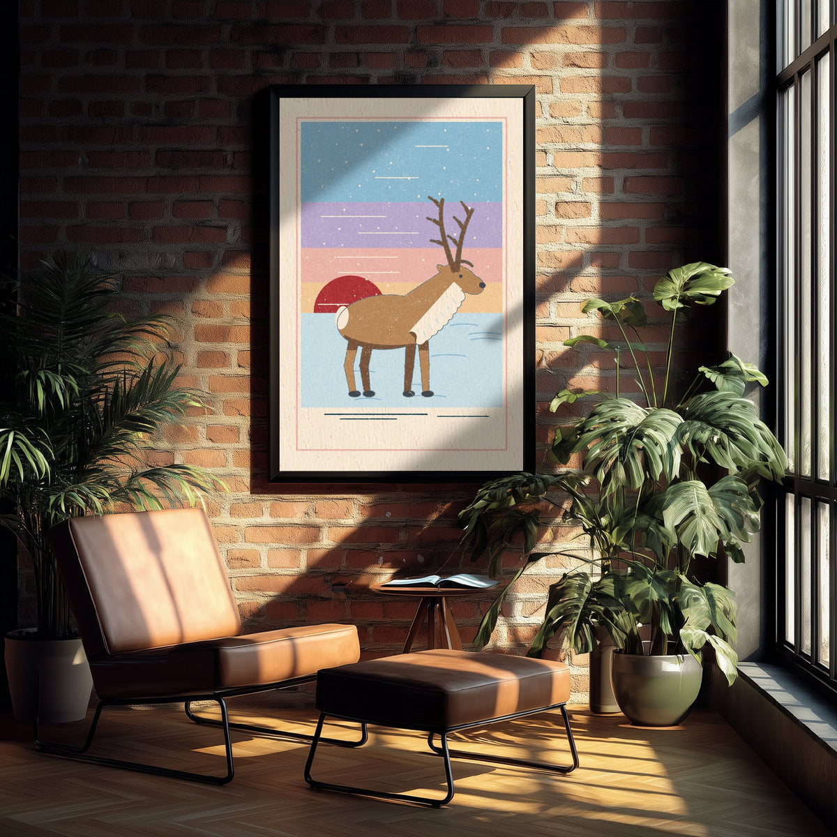 Reindeer Art Print - Snowy Tundra Sunset Poster - Scandi Linocut Style Illustration V2 1/3