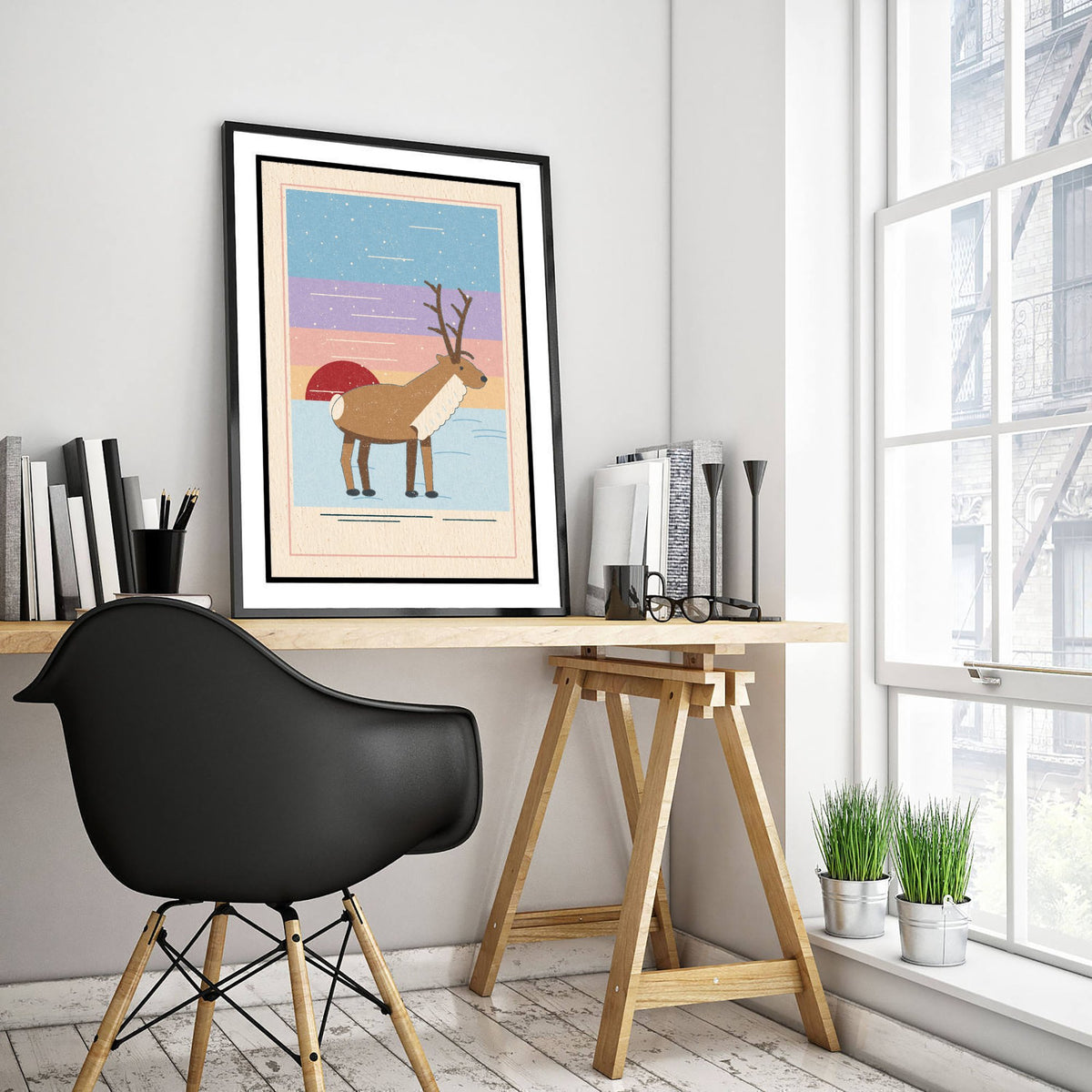 Reindeer Art Print - Snowy Tundra Sunset Poster - Scandi Linocut Style Illustration V2 1/3