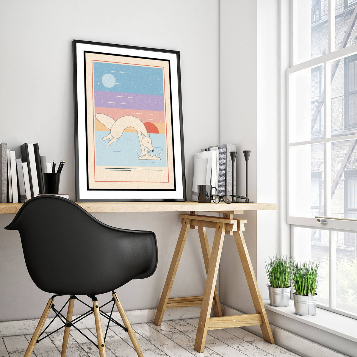Arctic Fox Art Print - Pouncing Snow Fox Poster - Pastel Winter Illustration V2 2/3