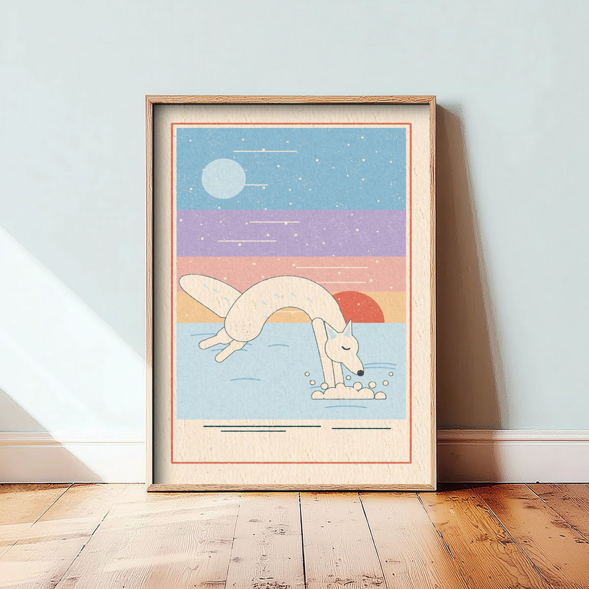 Arctic Fox Art Print - Pouncing Snow Fox Poster - Pastel Winter Illustration V2 2/3