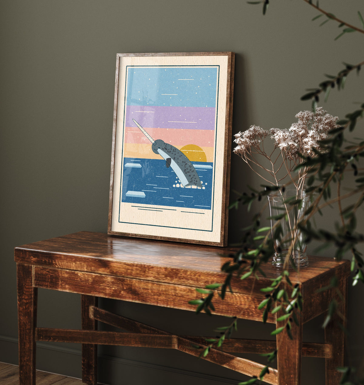 Narwhal Art Print - Unicorn of the Sea Poster - Arctic Ocean Linocut Look Illustration V2 3/3