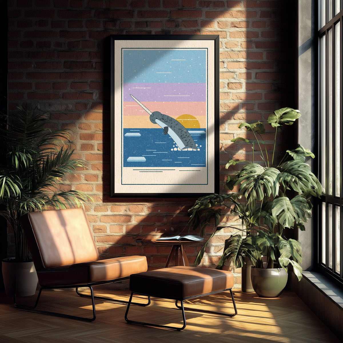 Narwhal Art Print - Unicorn of the Sea Poster - Arctic Ocean Linocut Look Illustration V2 3/3