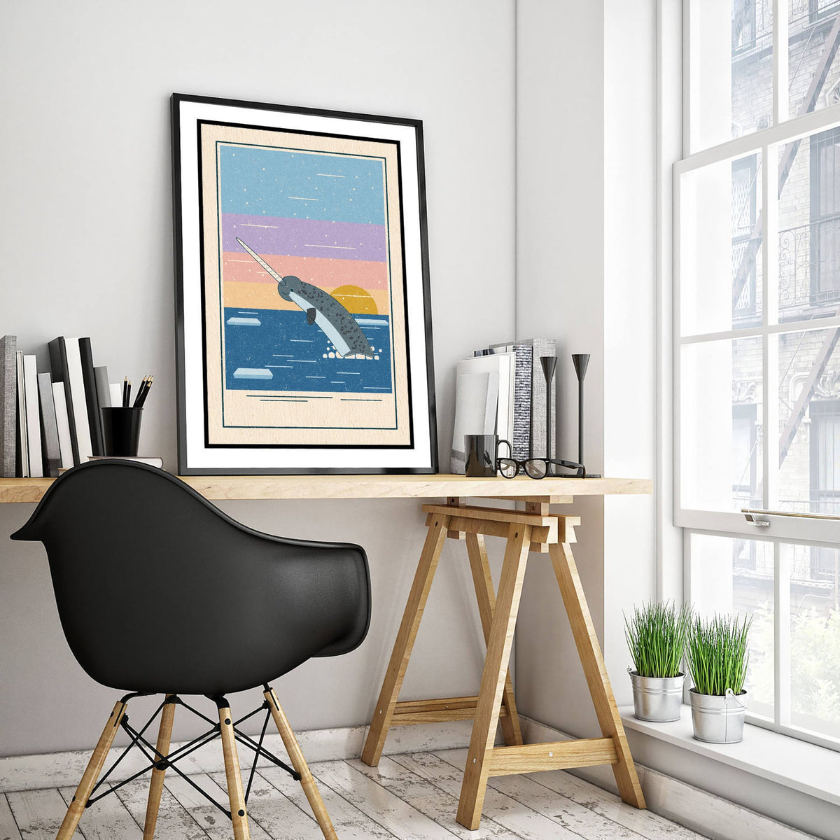 Narwhal Art Print - Unicorn of the Sea Poster - Arctic Ocean Linocut Look Illustration V2 3/3