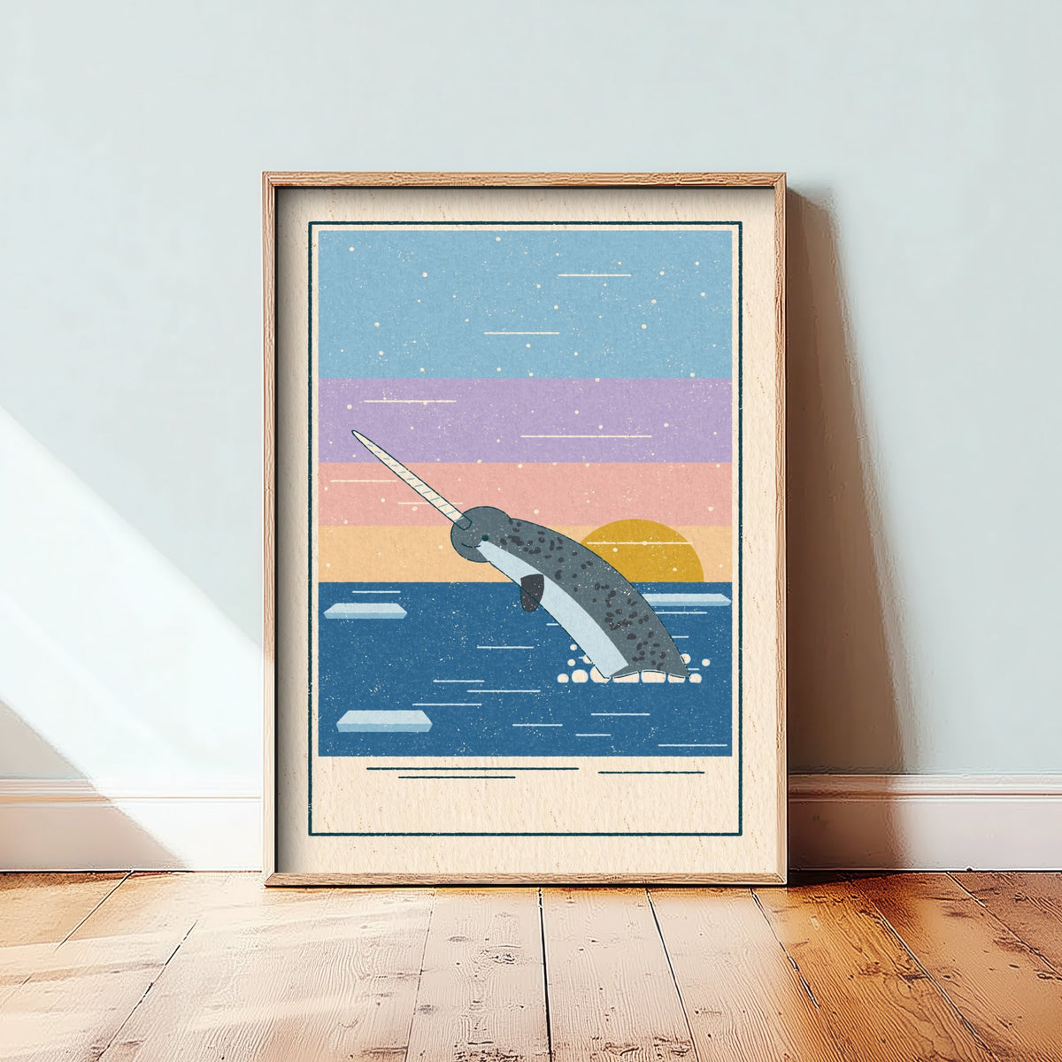 Narwhal Art Print - Unicorn of the Sea Poster - Arctic Ocean Linocut Look Illustration V2 3/3