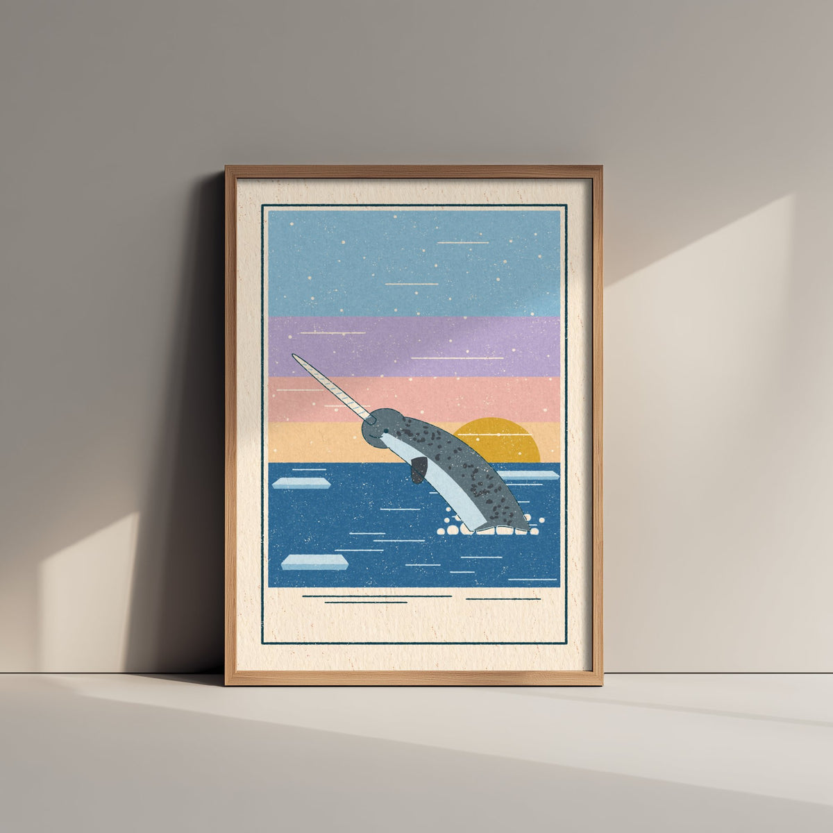Narwhal Art Print - Unicorn of the Sea Poster - Arctic Ocean Linocut Look Illustration V2 3/3
