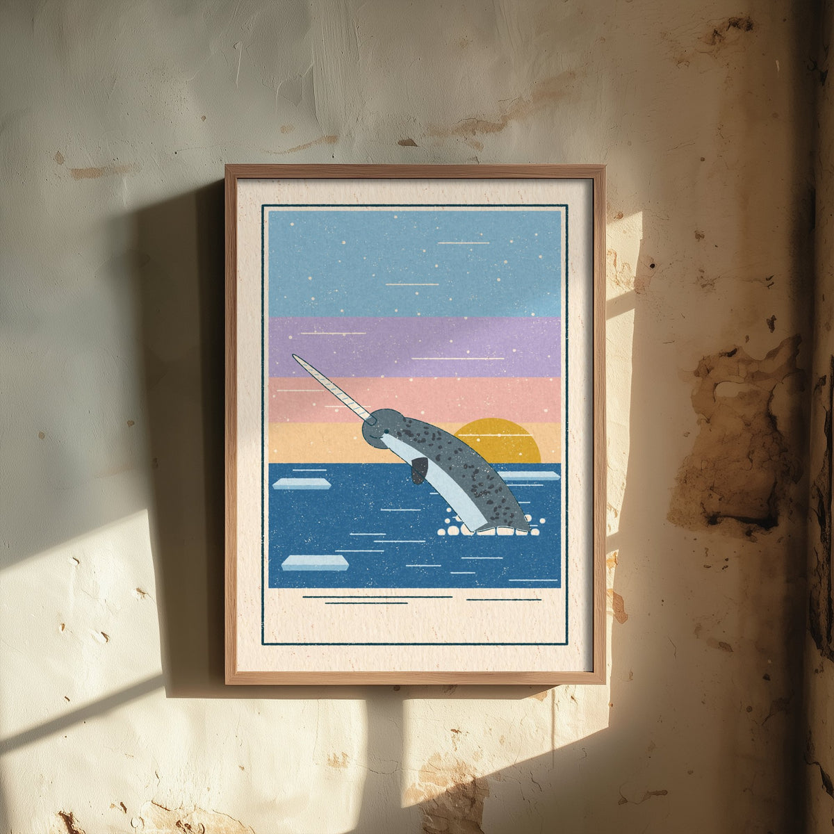 Narwhal Art Print - Unicorn of the Sea Poster - Arctic Ocean Linocut Look Illustration V2 3/3