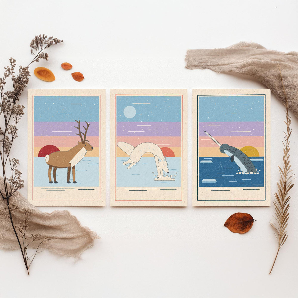 Arctic Animal Set of Three Art Prints - Reindeer, Arctic Fox, Narwhal - Linocut Style Poster Illustration V2