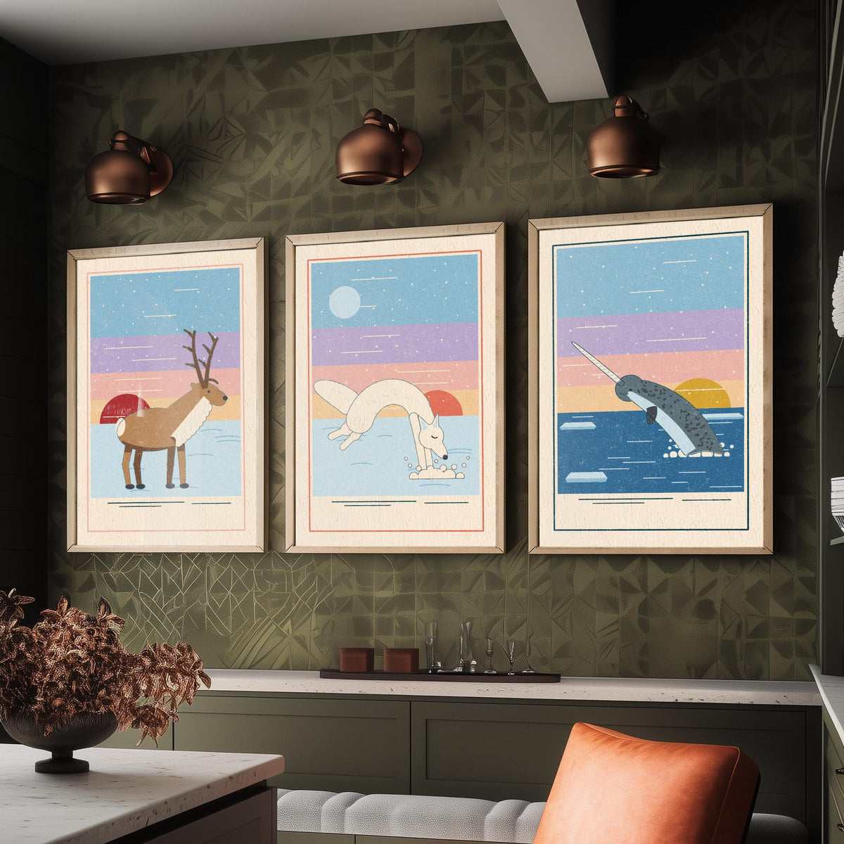 Arctic Animal Set of Three Art Prints - Reindeer, Arctic Fox, Narwhal - Linocut Style Poster Illustration V2
