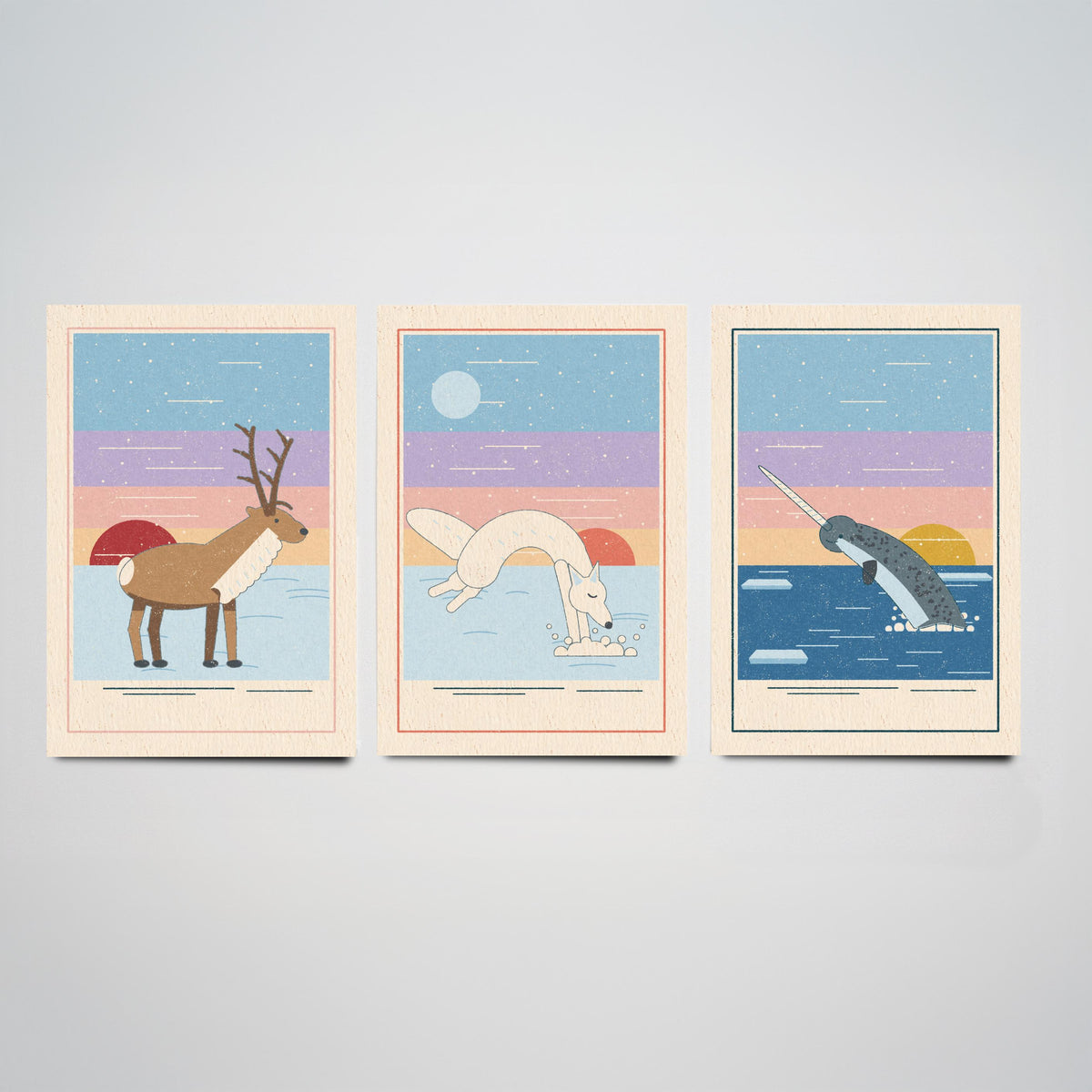 Arctic Animal Set of Three Art Prints - Reindeer, Arctic Fox, Narwhal - Linocut Style Poster Illustration V2