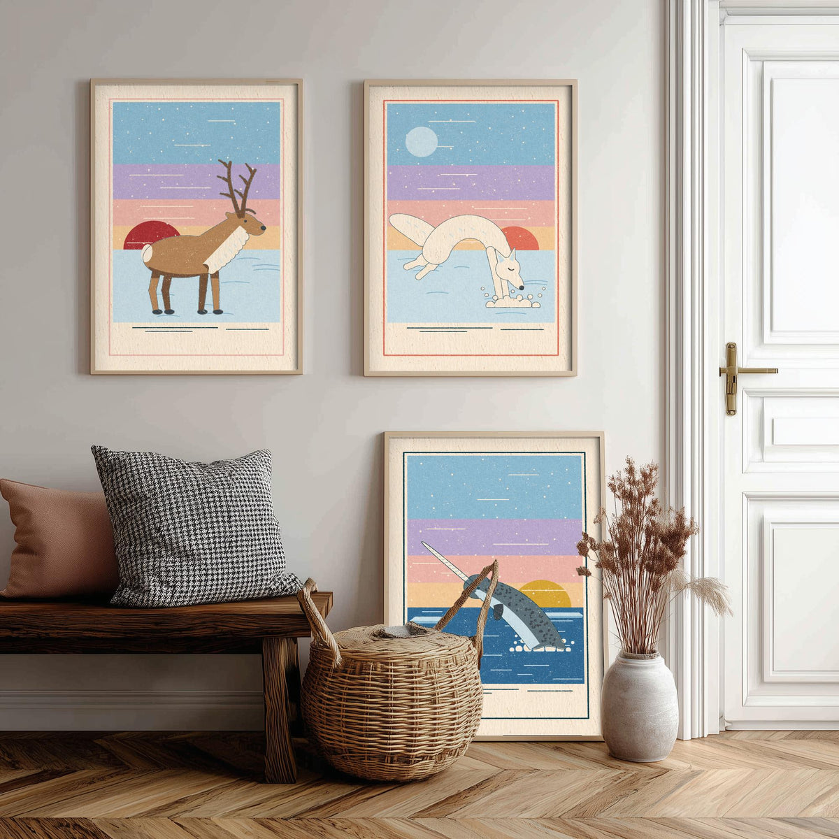 Arctic Animal Set of Three Art Prints - Reindeer, Arctic Fox, Narwhal - Linocut Style Poster Illustration V2