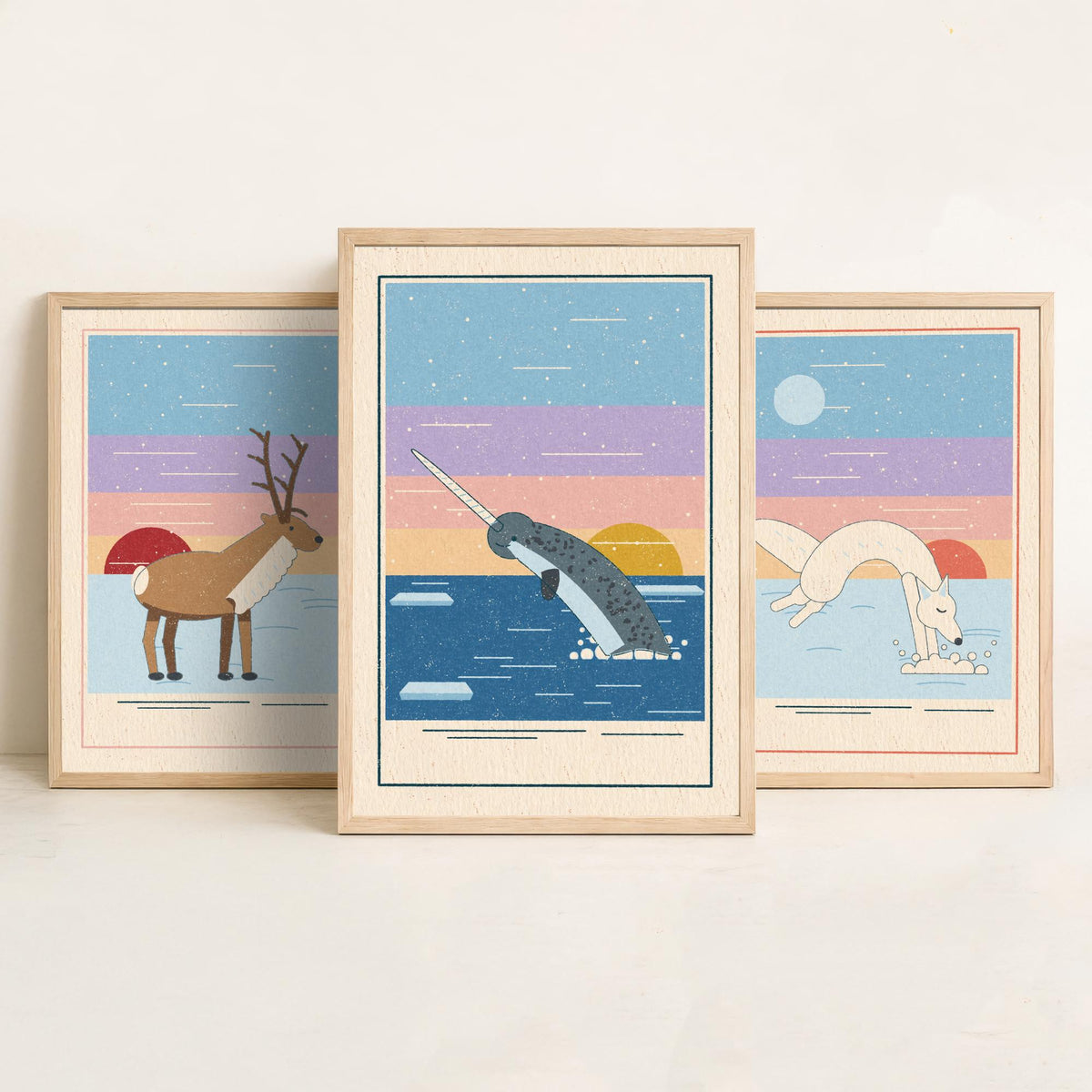 Arctic Animal Set of Three Art Prints - Reindeer, Arctic Fox, Narwhal - Linocut Style Poster Illustration V2