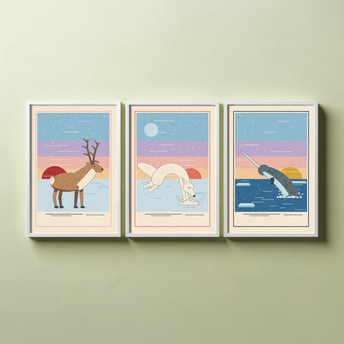 Arctic Animal Set of Three Art Prints - Reindeer, Arctic Fox, Narwhal - Linocut Style Poster Illustration V2