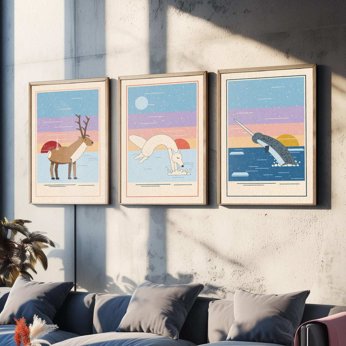 Arctic Animal Set of Three Art Prints - Reindeer, Arctic Fox, Narwhal - Linocut Style Poster Illustration V2