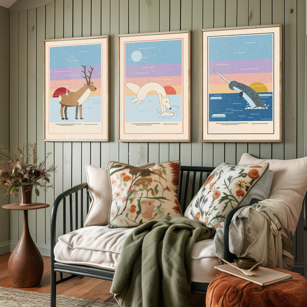 Arctic Animal Set of Three Art Prints - Reindeer, Arctic Fox, Narwhal - Linocut Style Poster Illustration V2