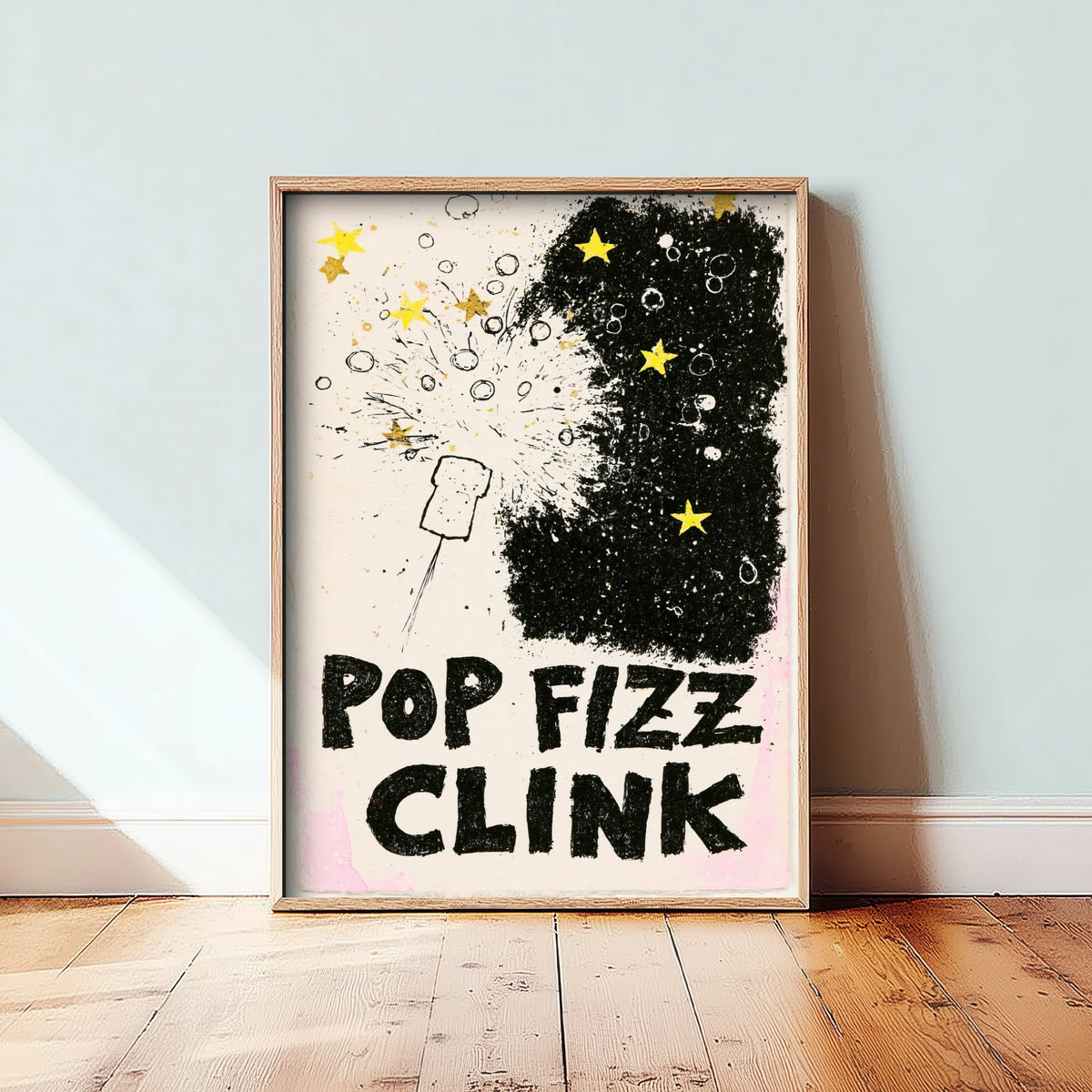 Pop Fizz Clink Poster - Popping Cork Celebration Wall Art Print - Black and Gold Star Illustration