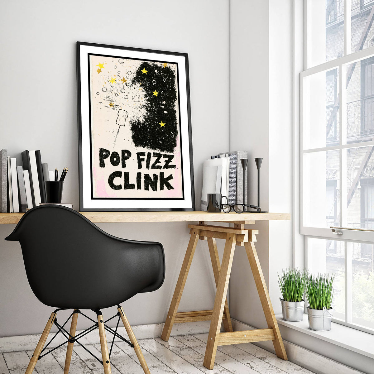Pop Fizz Clink Poster - Popping Cork Celebration Wall Art Print - Black and Gold Star Illustration