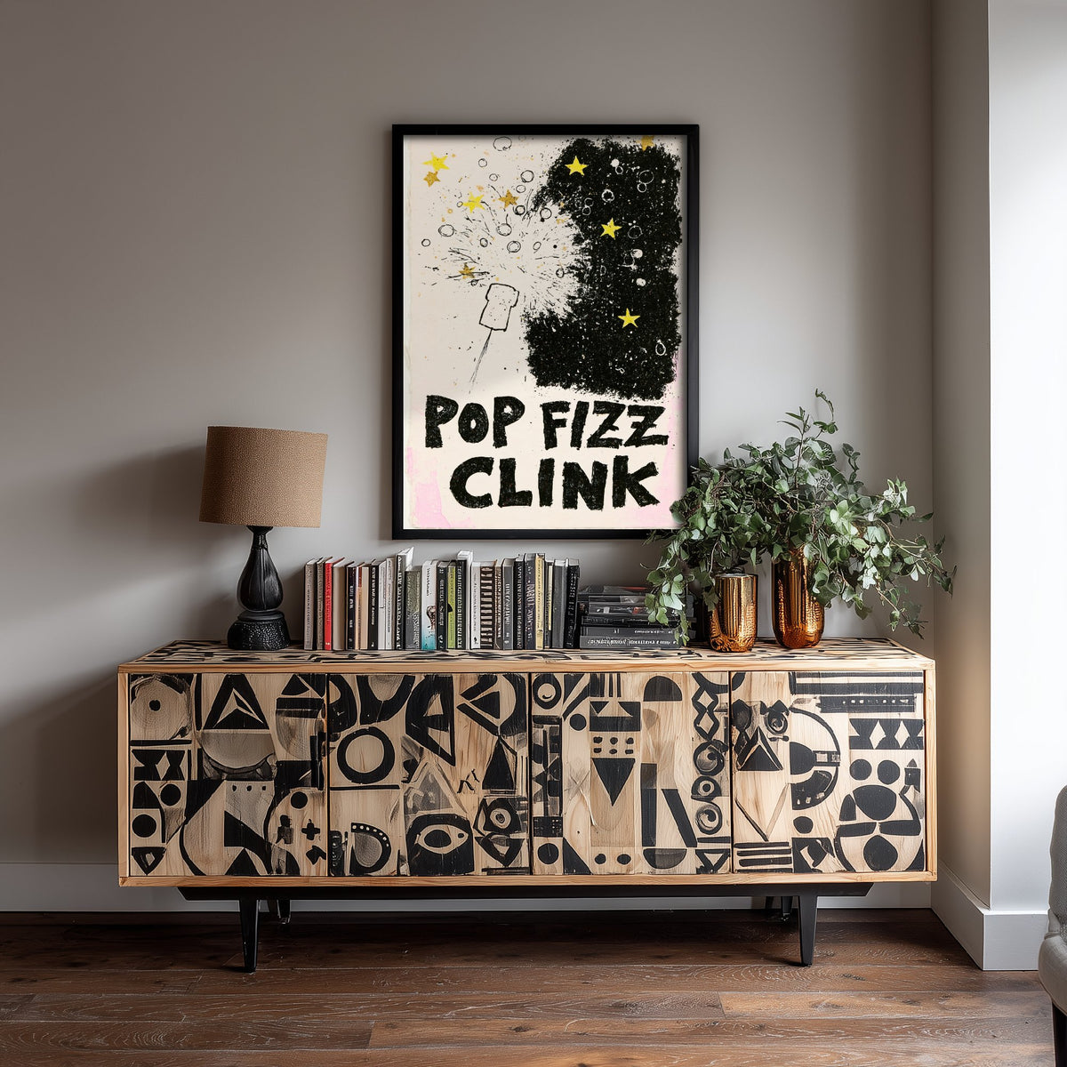 Pop Fizz Clink Poster - Popping Cork Celebration Wall Art Print - Black and Gold Star Illustration