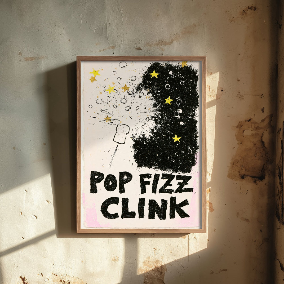 Pop Fizz Clink Poster - Popping Cork Celebration Wall Art Print - Black and Gold Star Illustration