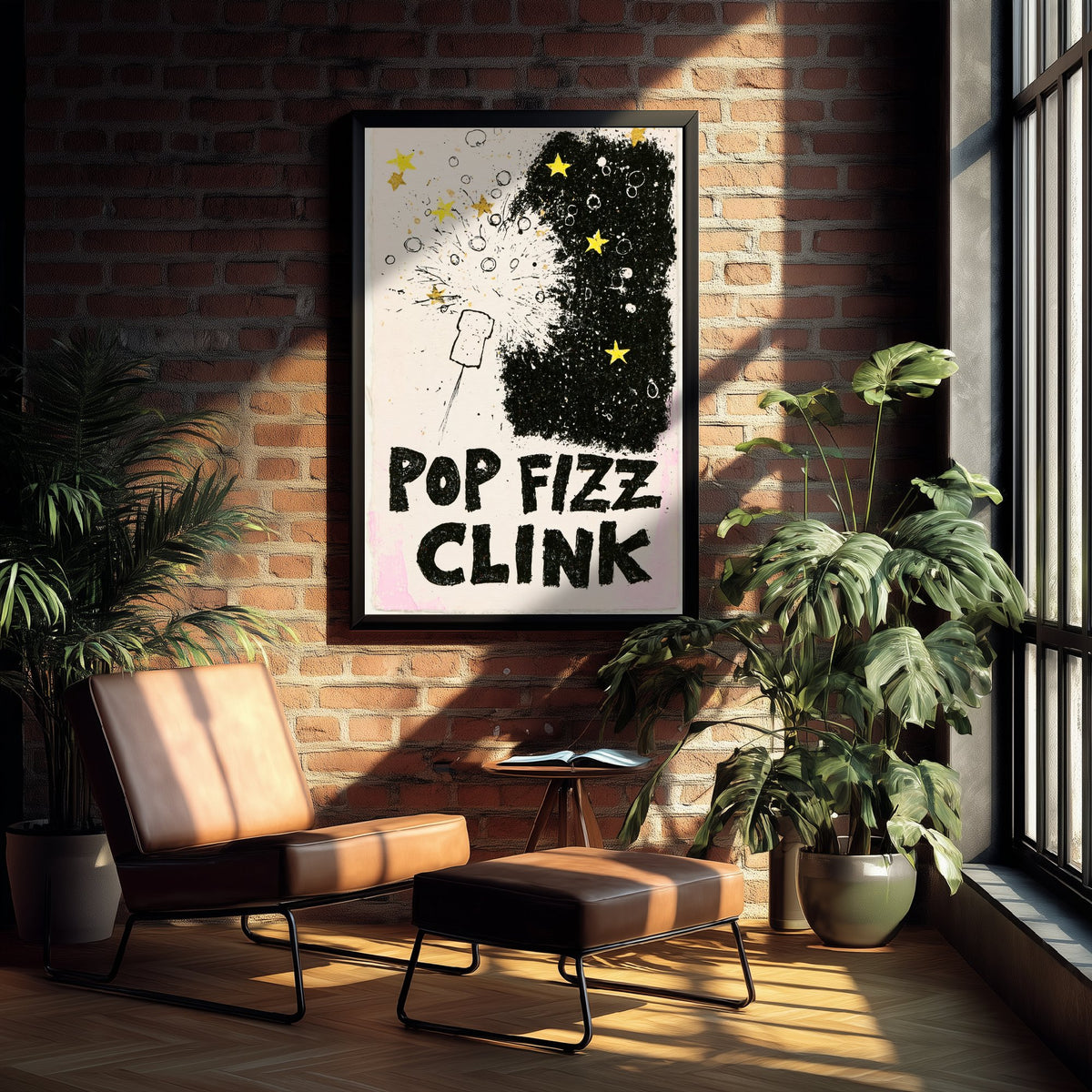 Pop Fizz Clink Poster - Popping Cork Celebration Wall Art Print - Black and Gold Star Illustration
