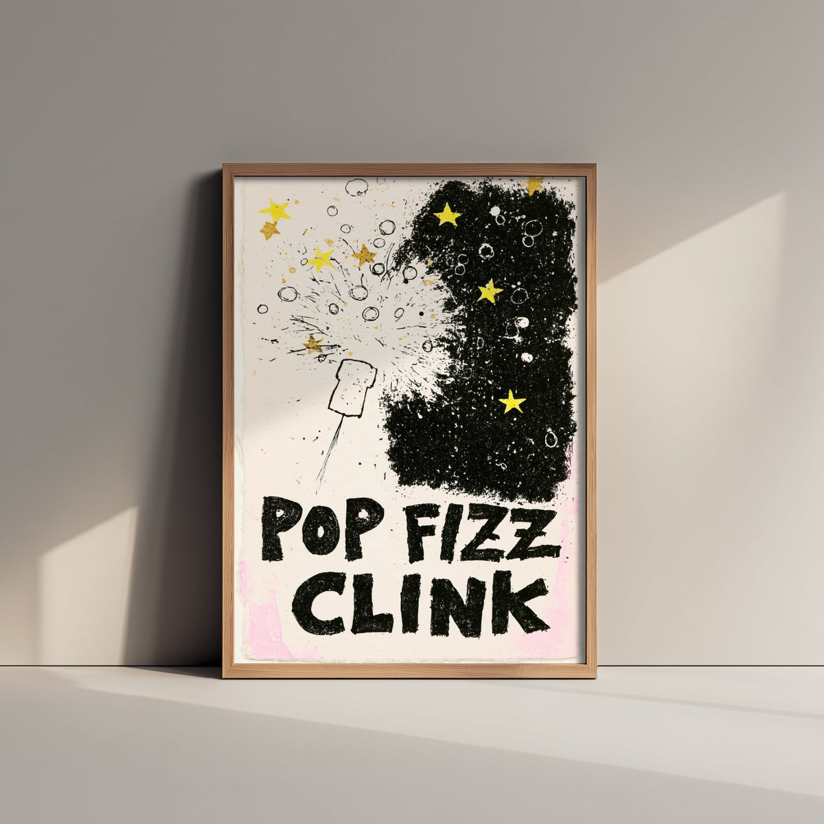 Pop Fizz Clink Poster - Popping Cork Celebration Wall Art Print - Black and Gold Star Illustration