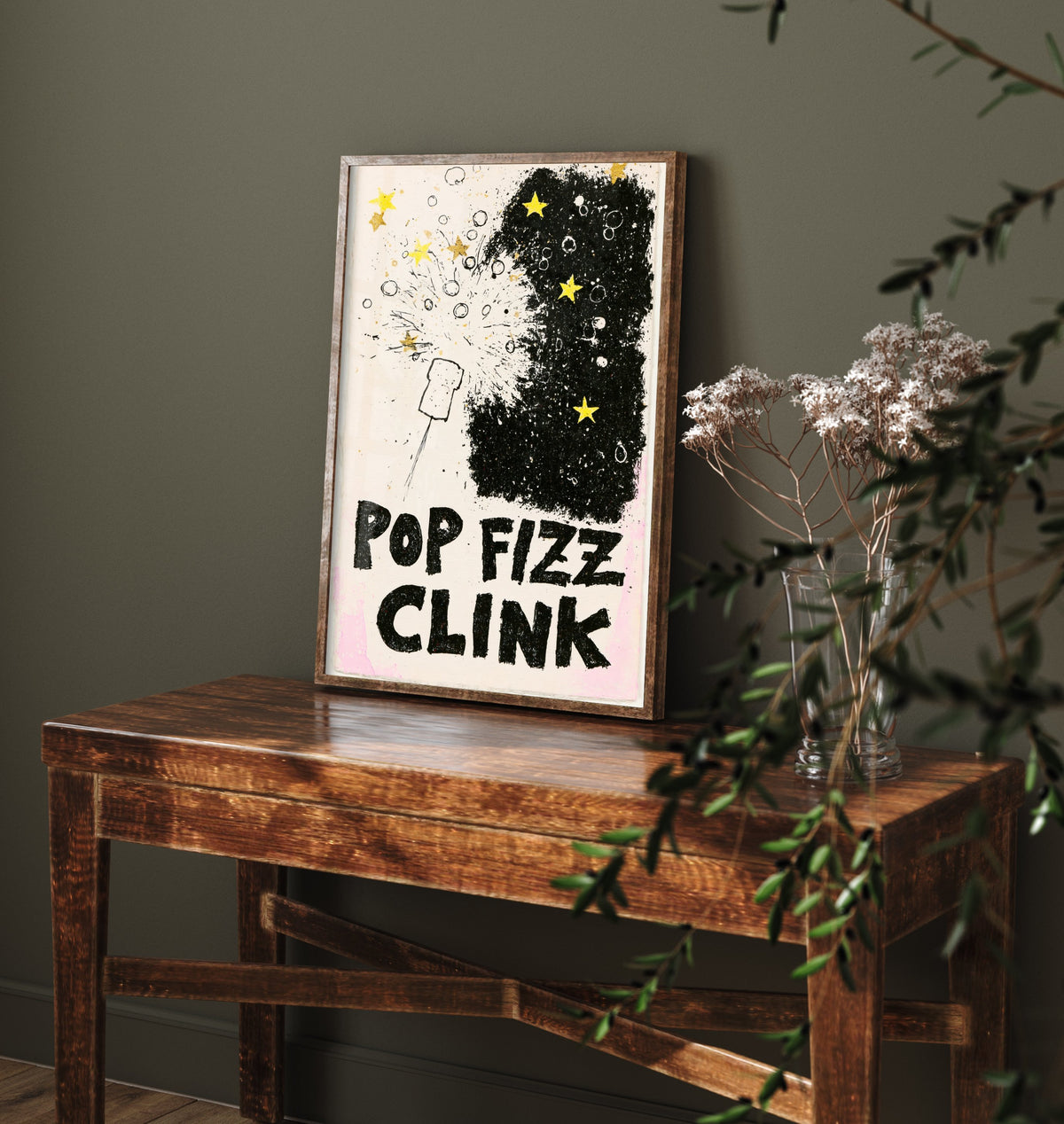 Pop Fizz Clink Poster - Popping Cork Celebration Wall Art Print - Black and Gold Star Illustration