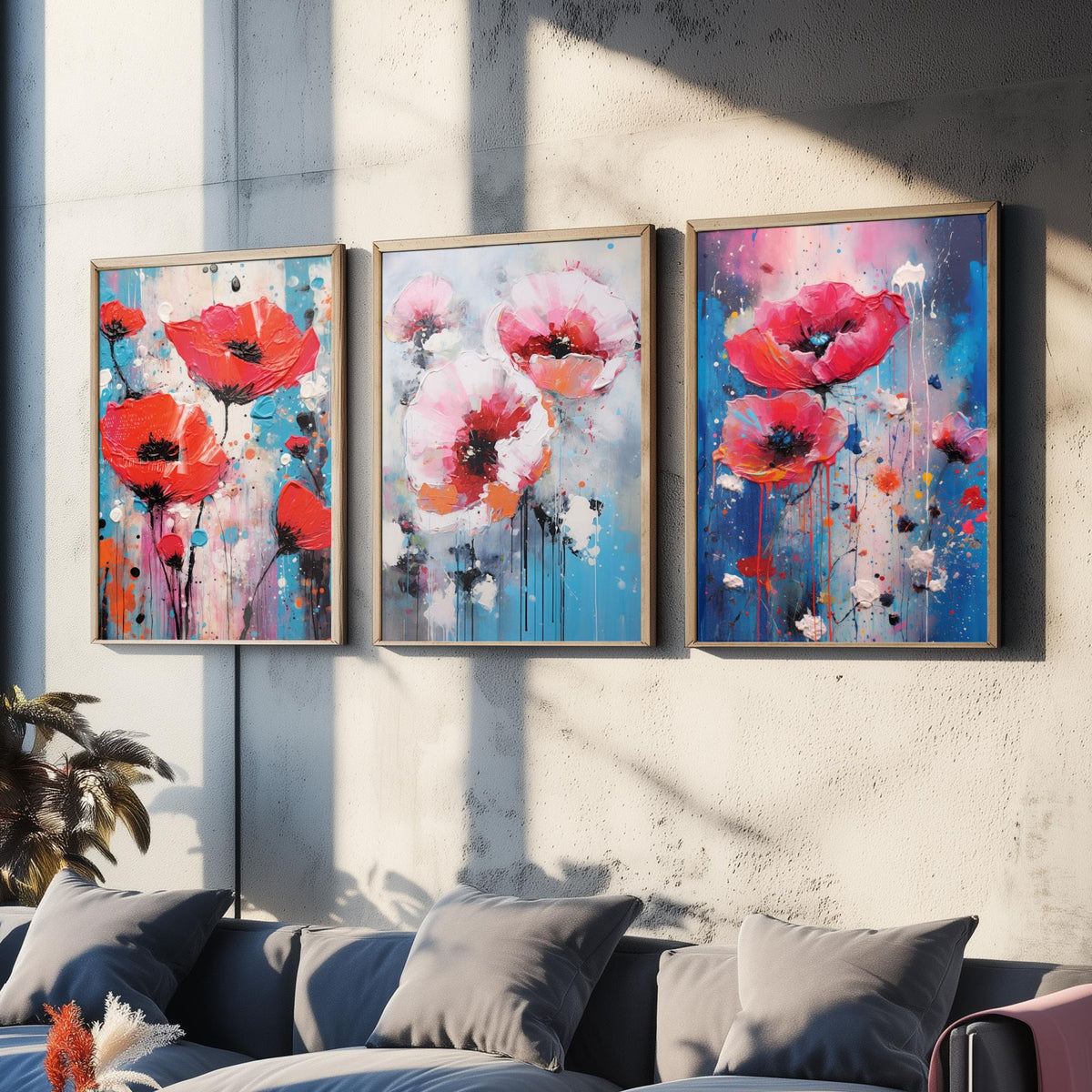Poppies Set of Three Art Prints - Red and Pink Poppies on Blue - Abstract Floral Painting Poster