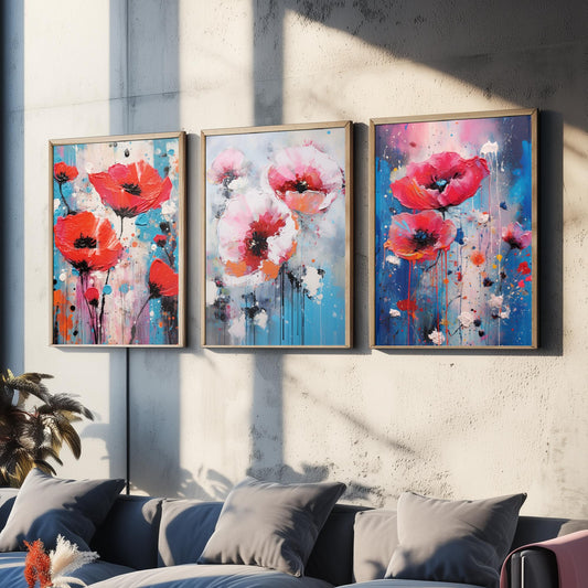 Poppies Set of Three Art Prints - Red and Pink Poppies on Blue - Abstract Floral Painting Poster