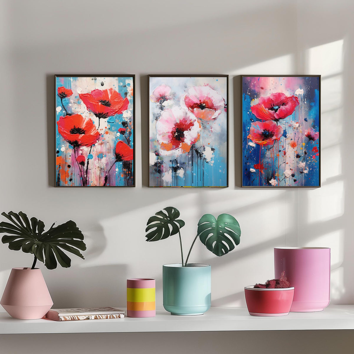 Poppies Set of Three Art Prints - Red and Pink Poppies on Blue - Abstract Floral Painting Poster