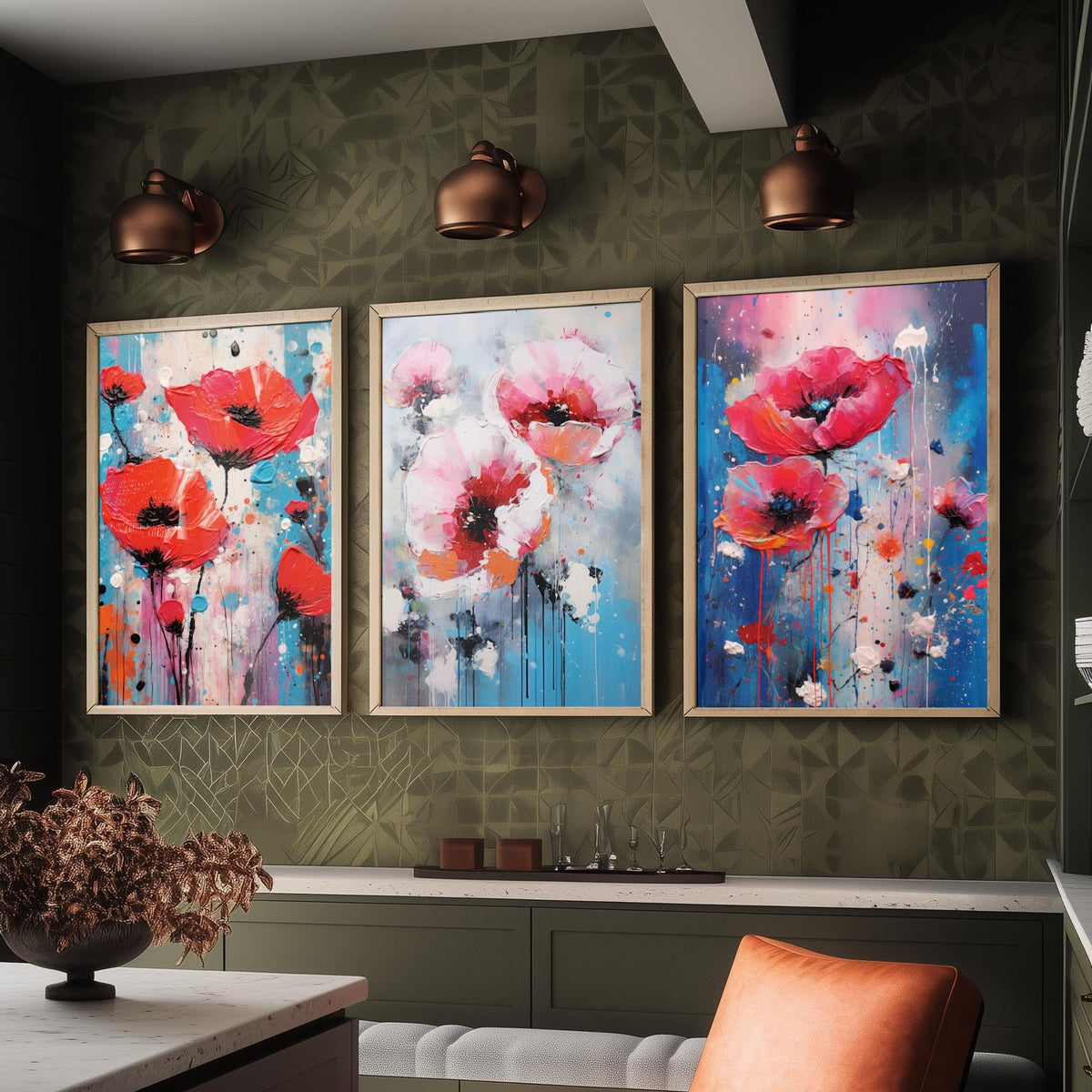 Poppies Set of Three Art Prints - Red and Pink Poppies on Blue - Abstract Floral Painting Poster