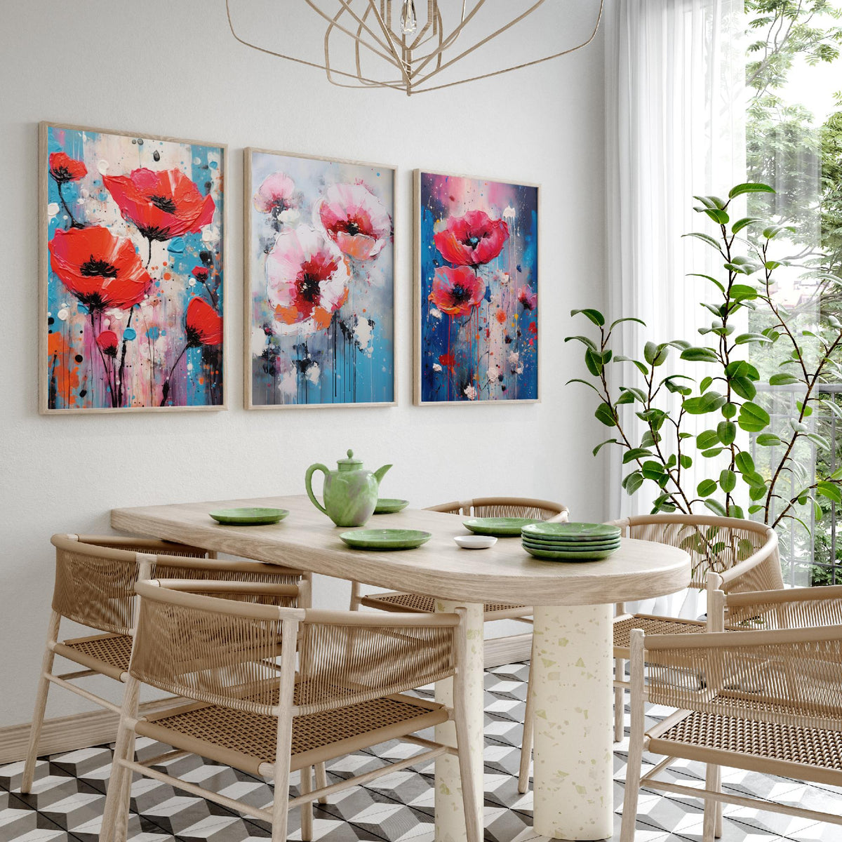 Poppies Set of Three Art Prints - Red and Pink Poppies on Blue - Abstract Floral Painting Poster