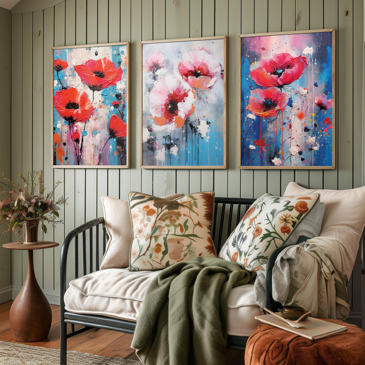 Poppies Set of Three Art Prints - Red and Pink Poppies on Blue - Abstract Floral Painting Poster