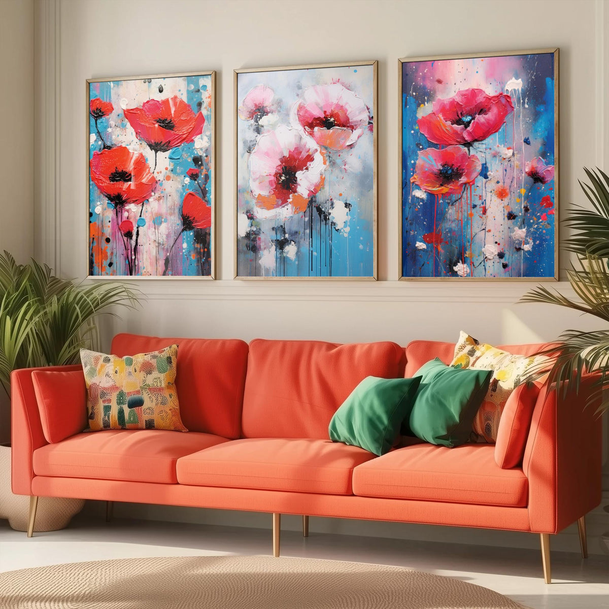Poppies Set of Three Art Prints - Red and Pink Poppies on Blue - Abstract Floral Painting Poster