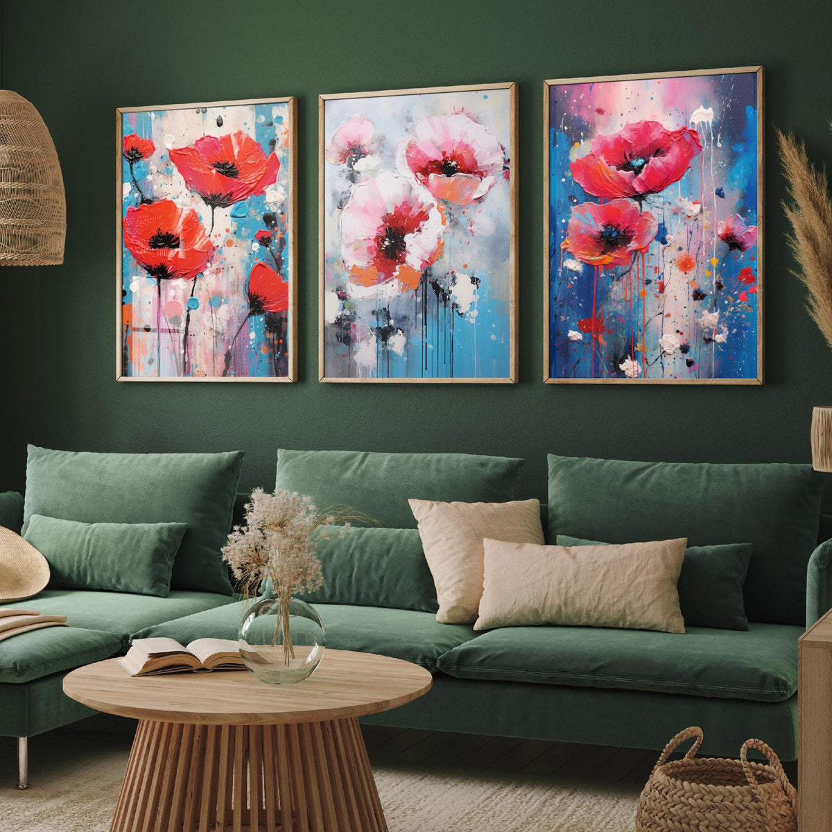 Poppies Set of Three Art Prints - Red and Pink Poppies on Blue - Abstract Floral Painting Poster