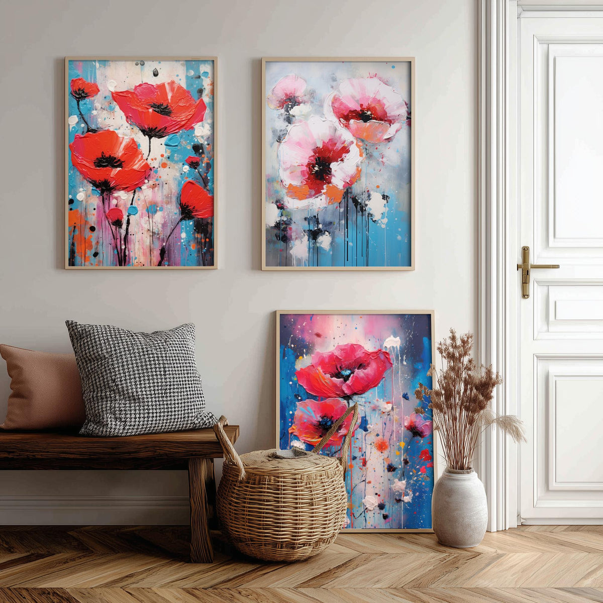 Poppies Set of Three Art Prints - Red and Pink Poppies on Blue - Abstract Floral Painting Poster