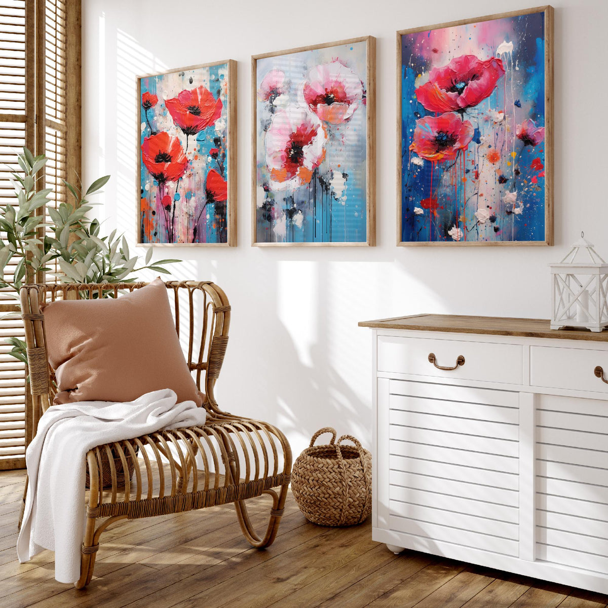 Poppies Set of Three Art Prints - Red and Pink Poppies on Blue - Abstract Floral Painting Poster
