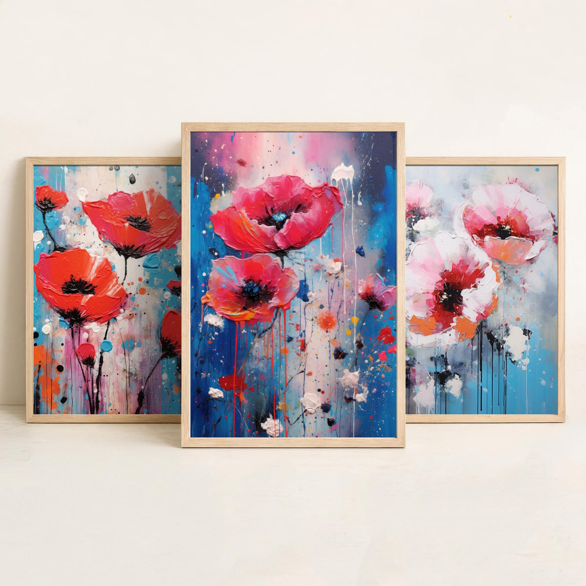 Poppies Set of Three Art Prints - Red and Pink Poppies on Blue - Abstract Floral Painting Poster