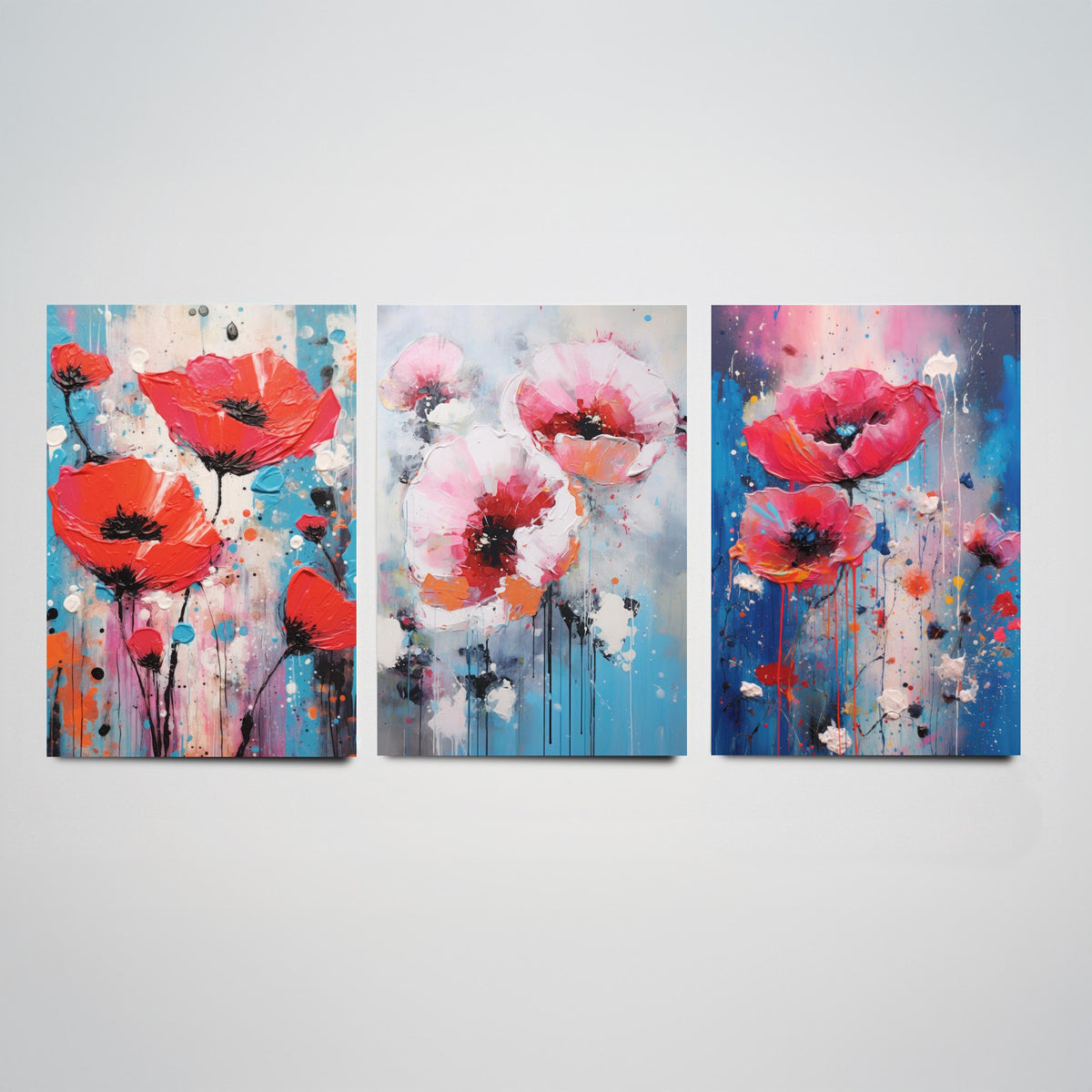 Poppies Set of Three Art Prints - Red and Pink Poppies on Blue - Abstract Floral Painting Poster