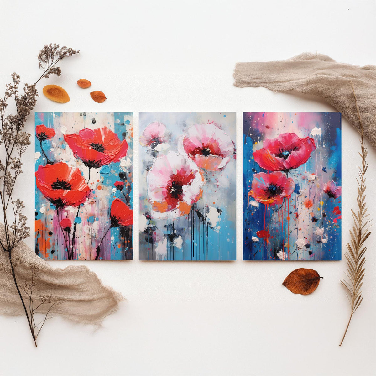 Poppies Set of Three Art Prints - Red and Pink Poppies on Blue - Abstract Floral Painting Poster