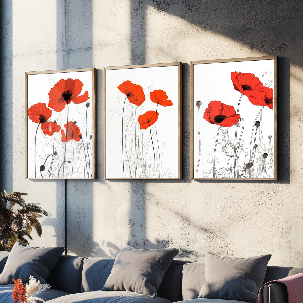 Red Poppies Line Drawing Set of Three Art Prints - Scarlet Blooms with Ink Stems - Minimalist Botanical Poster