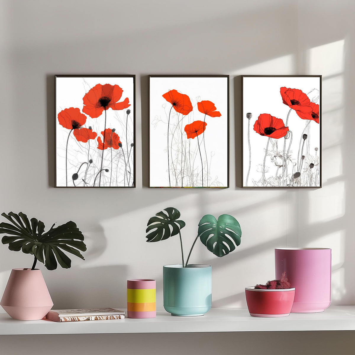 Red Poppies Line Drawing Set of Three Art Prints - Scarlet Blooms with Ink Stems - Minimalist Botanical Poster
