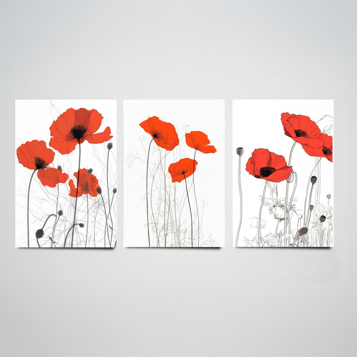 Red Poppies Line Drawing Set of Three Art Prints - Scarlet Blooms with Ink Stems - Minimalist Botanical Poster
